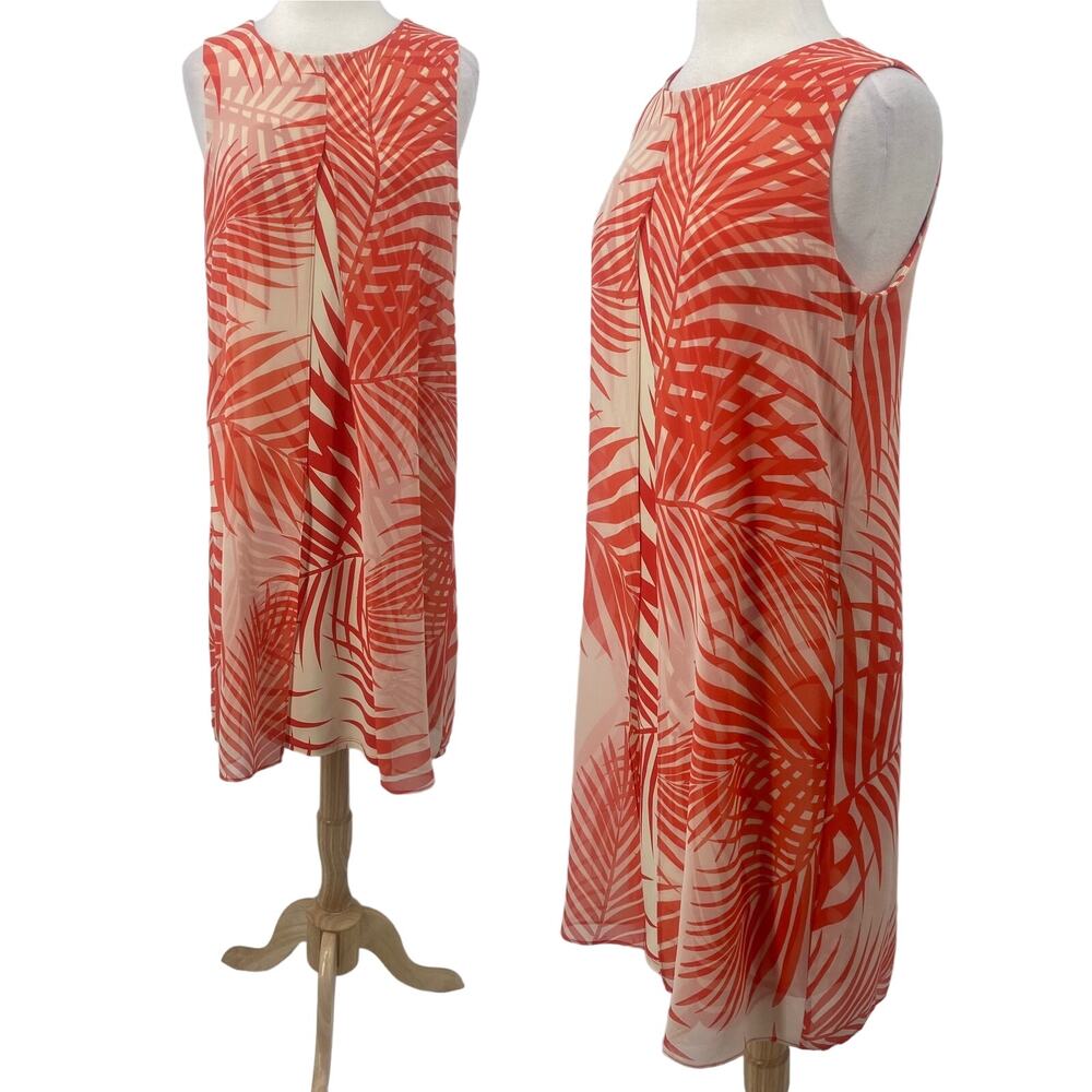 Chicos Tropical Palm Leaf Print Sleeveless Dress Flyaway Front Coral Cream M